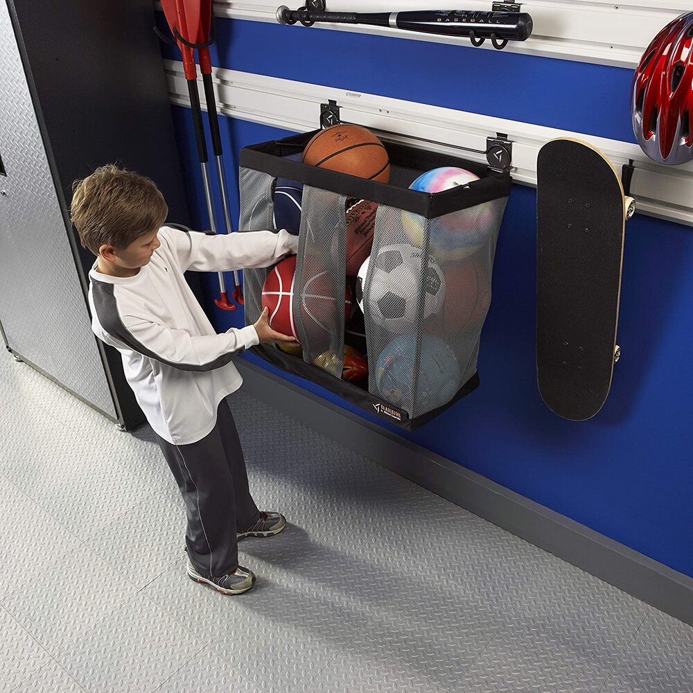 garage wall storage system with ball bin and sports equipment organization in Barnstable by BelPort Building & Remodeling